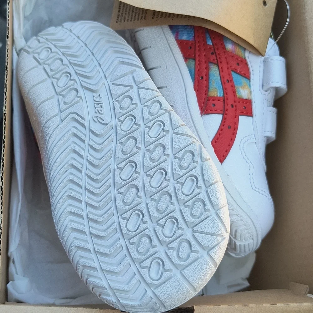 Asics Kids White Sneakers with Red Stripes and Multicolor Tie-Dye